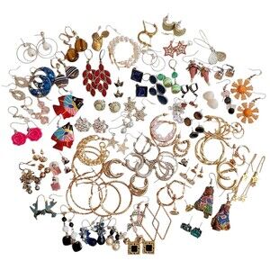 Pierced Earring Lot 70+ Pair Gold Silver Tone Hoop Studs Dangles Vintage Modern